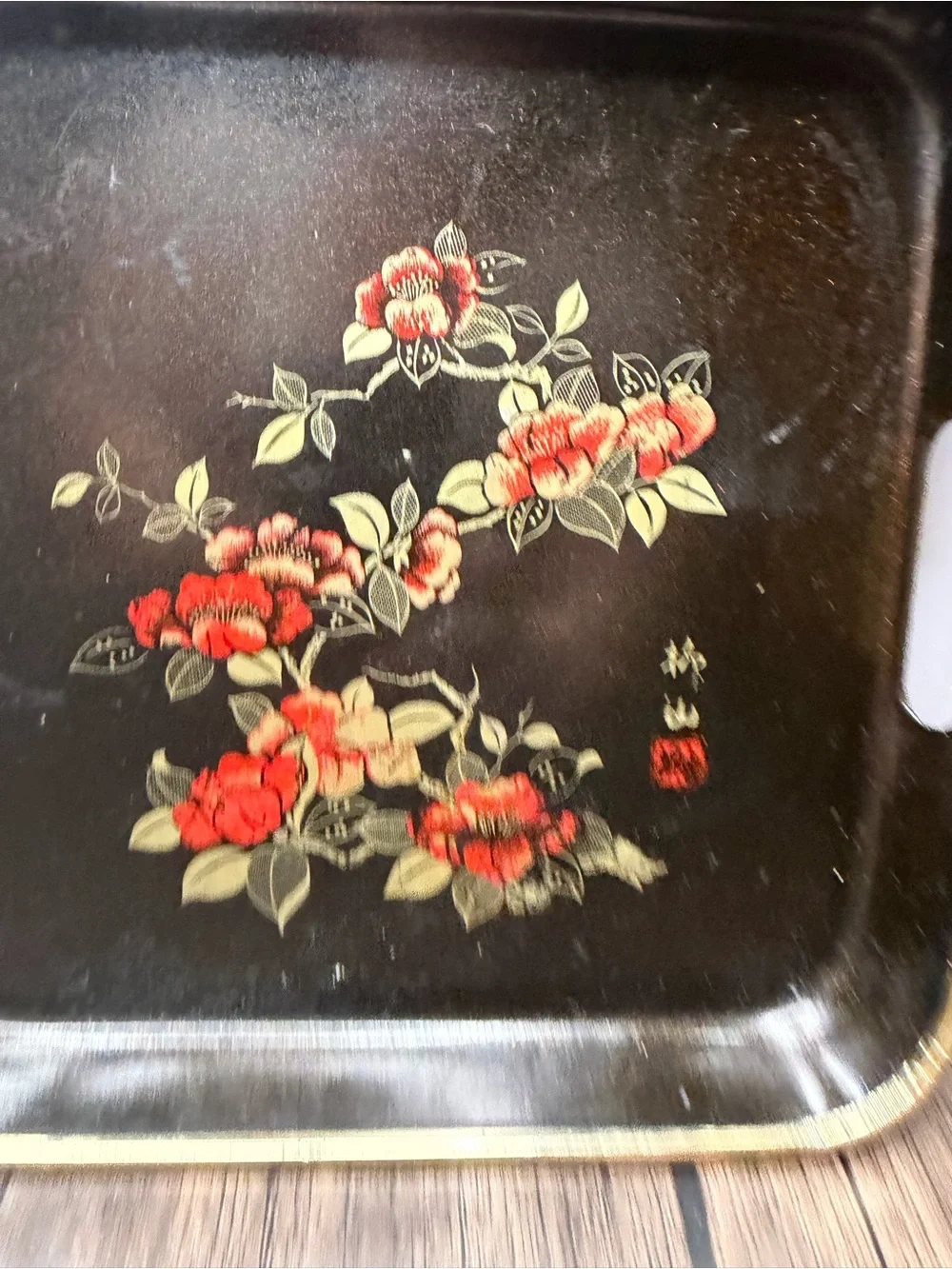 Vintage Floral Serving Trays - Black with Red Flower Motif